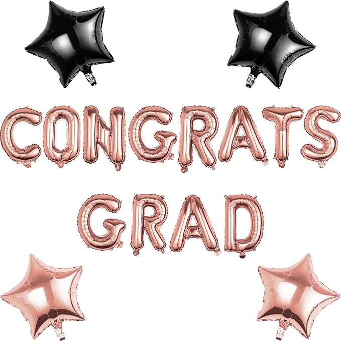 Graduation Balloons Set - CONGRATS GRAD Rose Gold Foil Letter Balloons with Star Decorations - Perfect Graduation Gift for 2026 Graduates - Party Decoration Kit