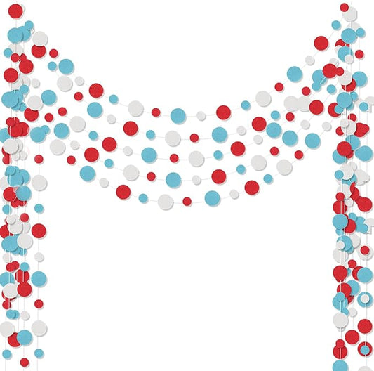 Outus 5 Pieces Colorful Circle Garland Banner Hanging Paper Dot Decorations for Classroom, Birthday Party, Baby Shower, Wedding Backdrop & Photo Booth Graduation Decor (Light Blue,White,Red)