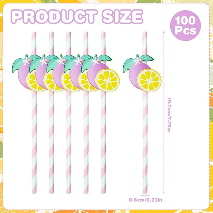 Lemonade Stand Paper Straws - 100PCS Fresh Lemonade Party Decorations Supplies, Lemon Bar Cocktail Striped Straw for Drinks, Birthday Decor for Summer Disposable (Pink)