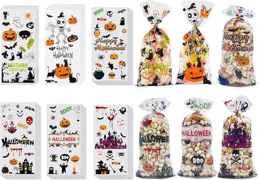EatnMgan 180Pcs Halloween Cellophane Treat Bags,Cellophane Bags,Party Favors Bags Cellophane Treat,Halloween Trick or Treat Goody Gags with 200Pcs Twist Ties for Snacks Cookies Packing