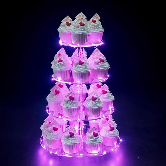 Cupcake Stand, 4-Tier Round Cupcake Holder with LED light String, Acrylic Cupcake Tower Display-Dessert Tower-Pastry Stand-Cupcake Tier Stand for Wedding, Birthday party ( Pink Light)