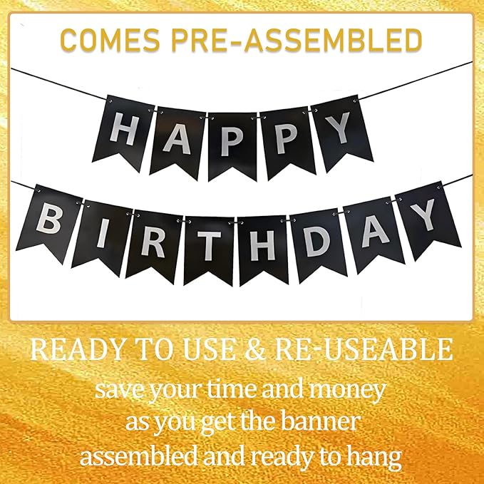 Black Happy Birthday Banner,Pre-Strung Black and Silver Birthday Party Decorations,16ft Hanging Sign for Kids, Girls, Boys, Women – No DIY, Backdrop Supplies
