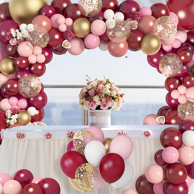 Amandir 162Pcs Burgundy Balloon Garland Arch Kit, Light Pink White Maroon Balloons Confetti Latex Metallic Gold Balloons for Valentines Birthday Bridal Shower Wedding Graduation Party Decorations