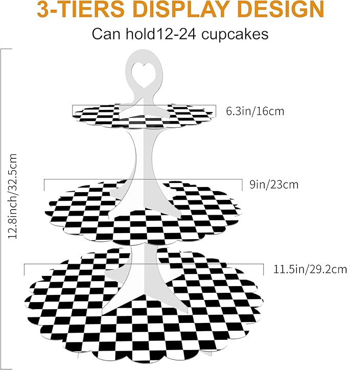 Racing Cupcake Stand 2-Pack - 3-Tier Black White Checkered Dessert Tower for Car Birthday Party, Race Theme Decorations, Baby Shower, Graduation Party, Easy 60s Assembly