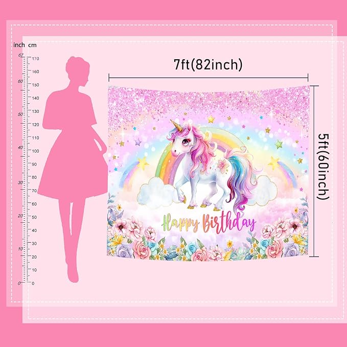 Mocsicka Unicorn Birthday Backdrop Rainbow Unicorn Theme for Girls Happy Birthday Party Decorations Pastel Glitter Photography Background Party Supplies Photo Booth Props