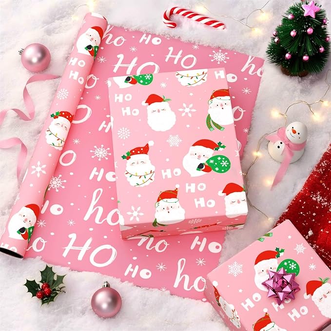 WERNNSAI Christmas Wrapping Papers - 1 Roll 17”x 33 ft Santa Claus Gift Wrapping Paper Reversible Christmas Wraps Supply for Kids Boys Girls HOHO Design Pink Gift Wrap for Winter Holiday Present