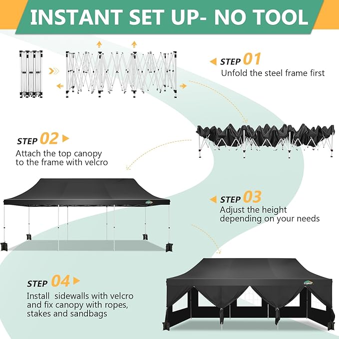 COBIZI 10x30 Pop Up Canopy with 8 Removable Sidewalls Party Tents for Parties Wedding Patio Commercial Waterproof and UV50+ Ez Outdoor Instant Gazebo with Roller Bag & 4 Sandbags（Matte Black）