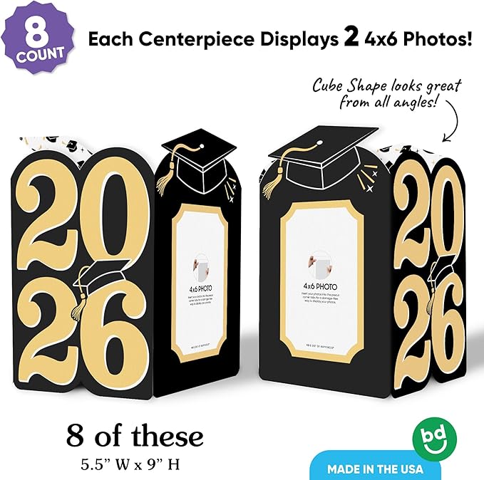 Big Dot of Happiness Black & Gold 2026 Graduation Photo Holder Centerpieces, 4x6 Picture Display Box, Table Decoration Centerpiece for Grad Party Decor, 8 Count