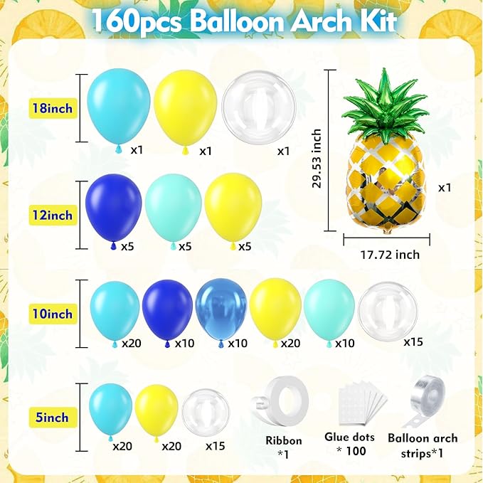 160pcs Cartoon Sponge Balloons Garland Arch Kit, Birthday Decorations Yellow Blue Clear Metallic Blue Teal Balloons and Pineapple Balloon Arch for Cartoon Birthday Baby Shower Party Decor