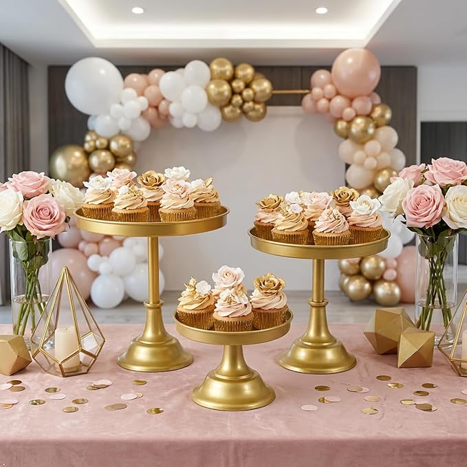 3 Pcs Metal Round Cake Stand Set 8“10”12" Cake Display Stand Dessert Cupcake Display Tray for Graduation,Wedding,Birthday,Party,Baby Shower,Anniversary,Ceremony,Christmas (Gold)