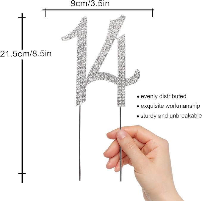 LINGPAR 14 Years Birthday Cake Topper - New Best Crystal Rhinestone 14th Wedding Anniversary Or 14 Years Old Cake Topper Party Decoration Silver