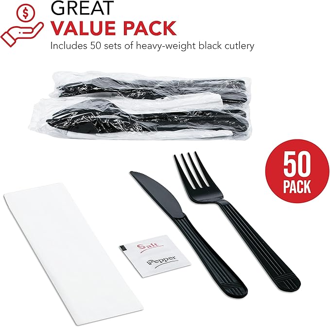 Party Essentials Individually Wrapped Heavy Duty Plastic Utensil Kits, 50 Sets for Party Catering, Fork/Knife/Napkin/Salt/Pepper, Black