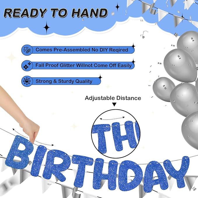 Fulmoon Glitter Pre Strung Happy Birthday Banner No DIY Party Decorations Happy Birthday Sign Decor for Men Women Boy Girls Backdrop(Navy Blue)