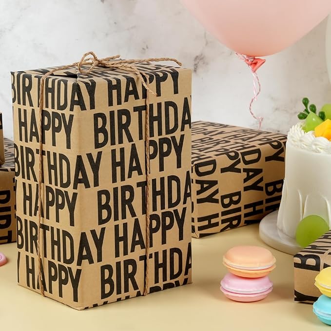 MAMUNU Birthday Wrapping Paper Roll, Black Kraft Happy Birthday Wrapping Paper Jumbo Roll, Brown and Black Kraft Gift Wrap Set for Boys Men Women Girls, 17x590 inch (70 sq. ft.)