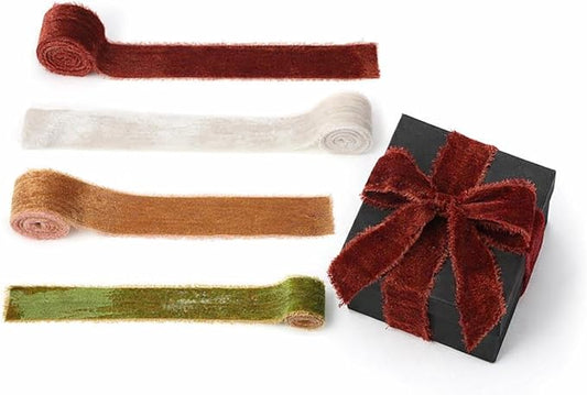 Canlierr 4 Roll Valentine's Day Silk Velvet Ribbon for Gift Wrapping Fringe Fabric Frayed Velvet Ribbon Raw Edge for Valentine Day Party Wedding Decor Bouquet Basket Hair(Elegant Color,2 in X 8 yd)