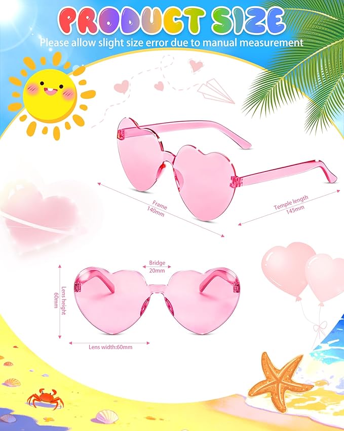 12 Pairs Heart Shaped Sunglasses Candy Color Rimless Fun Heart Glasses for Women Party Favors