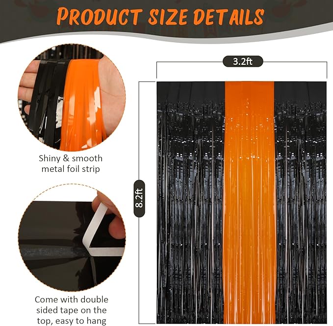 PIGETALE 2 Pack Black and Orange Tinsel Foil Fringe Curtain, 3.2Ftx8.2Ft Halloween Backdrop Curtains Photo Booth Props Streamers Christmas Birthday Party Anniversary Wedding Retirement Decorations