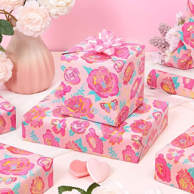 WERNNSAI Mothers Day Wrapping Paper - 1 Roll 17” x 33 ft Mother’s Day Wrapping Paper Pink Floral Gift Wraps Roll Pink Rose Metallic Foil Design for Women Mom Birthday