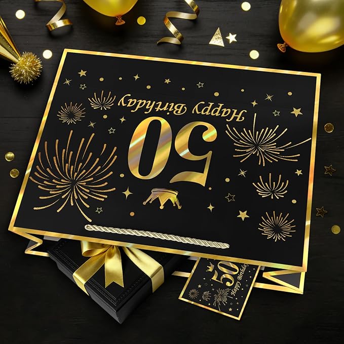 JMANNI Black Gold 50th Birthday Gift Bag with Card and Tissue Paper, 12.6"×9.84"×3.9" Elegant Present Bag for Men Women, 50 Year Old Birthday Keepsake Party Supplies
