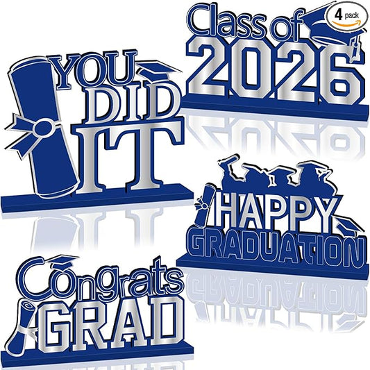 4Pcs Blue and Silver Graduation Decorations 2026 Congrats Grad Wooden Table Centerpieces Graduation Table Decorations for Class of 2026 Decorations