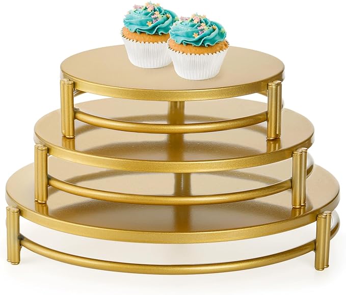 yarlung 3 Pack Gold Cake Stands, 8/10/12 Inch Metal Cupcake Display Stands Dessert Trays, Table Decoration Cookies Serving Plates for Wedding, Birthday, Party, 3 Sizes