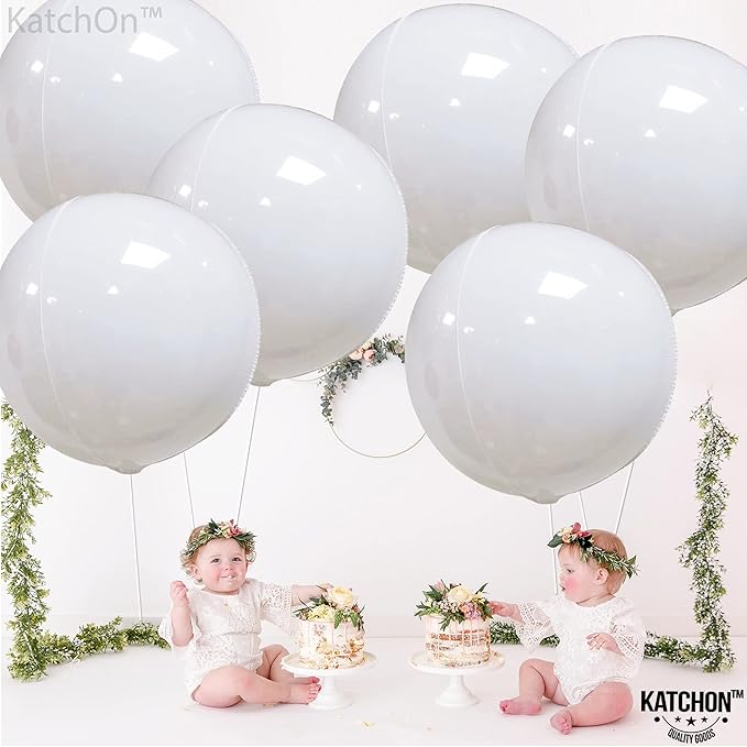 KatchOn, Round White Foil Balloons - 22 Inch, Pack of 6 | 4D Mylar White Balloons for Party Decorations | Metallic Balloon for Birthday, Anniversary, Bridal Shower, Baby Shower Decorations