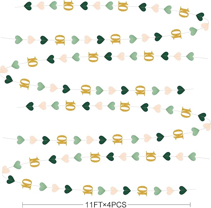 Sage Green Gold 10th Birthday Decorations Sage Green Gold Heart Garland Streamer Banner Backdrop for Girls Happy 10th Birthday Double Digits I'm 10 Cheers to 10 Years Old Anniversary Party Supplies