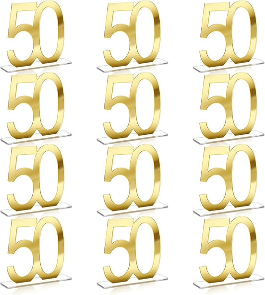 Threehoney 12 Pcs Mirror Gold 50th Birthday Decorations for Men and Women Acrylic Anniversary Decorations Table Numbers Centerpieces for Birthday Party