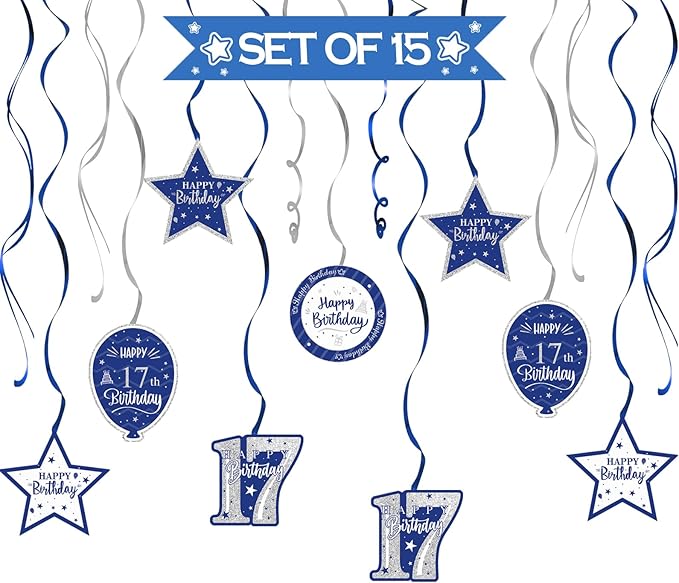Happy 17th Birthday Blue & Silver Glitter Swirls Streamers Party Decorations - 15 Pcs 17th Birthday Hanging Swirls Streamers Kit,Cheers to Seventeen Years Old Bday Party Sign.