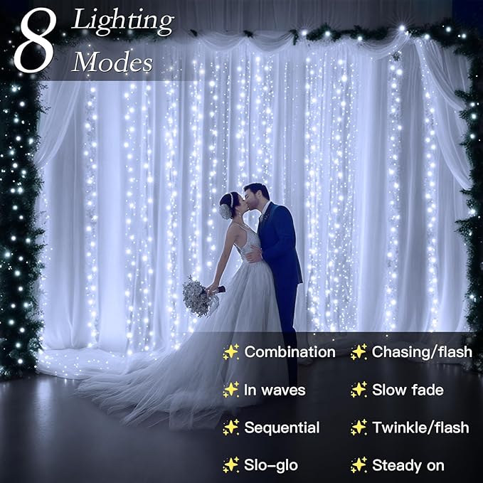300 LED Curtain String Lights 9.8 * 9.8FT Plug in Fairy Lights with Timer and 8 Modes, Waterproof Window Wall Lights for Bedroom Wedding Party Indoor Outdoor Christmas Decor