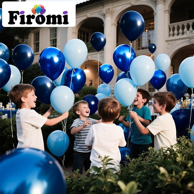 Firomi Metallic Blue Balloons Set 12-inch 70 pack Chrome Blue Latex Balloon and Navy Baby Macaron Blue Balloon for Birthday Baby Shower (with 2 Ribbons)
