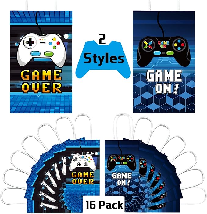 Epakh 16 Pack Gamer Themed Birthday Party Favors Video Game Gift Bags with Handle for Kids Boys Gaming Goody Candy Treat Bags for Birthday Party Supplies Decorations