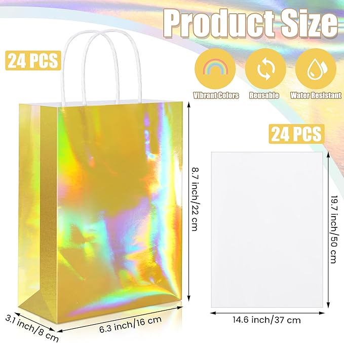 MIMIND 24 Pack Iridescent Paper Gift Bags with Handles Holographic Party Favor Bags with Tissue Paper 8.7 x 6.3 x 3.1 Inch Glitter Gold Foil Goodie Candy Bag for Wedding Baby Shower Birthday Party