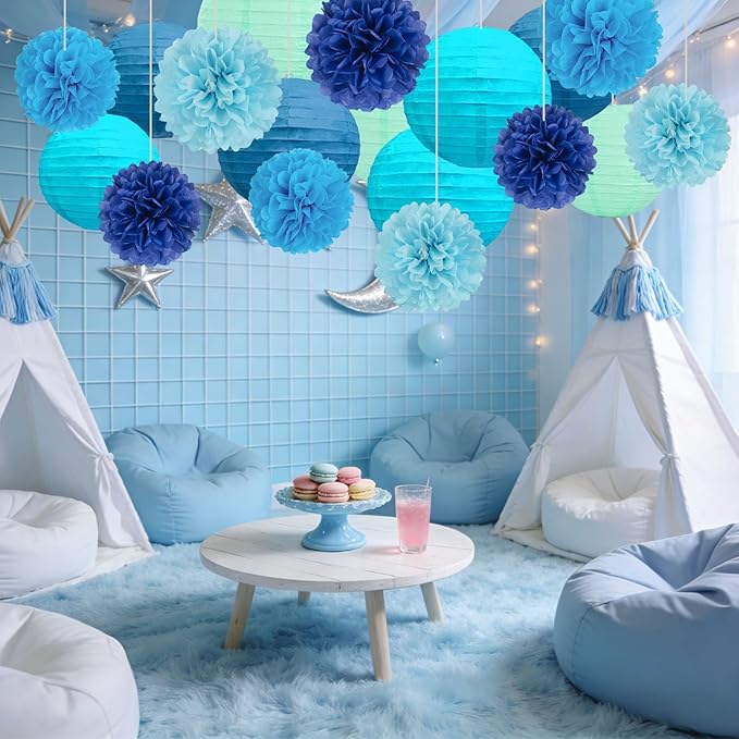 18 PCS Blue Paper Lanterns & Tissue Paper Pom Poms for Boys Birthday, Baby Shower, Wedding, Bridal Shower, Hanging Paper Decor for Indoor Outdoor Events Theme Party Supplies