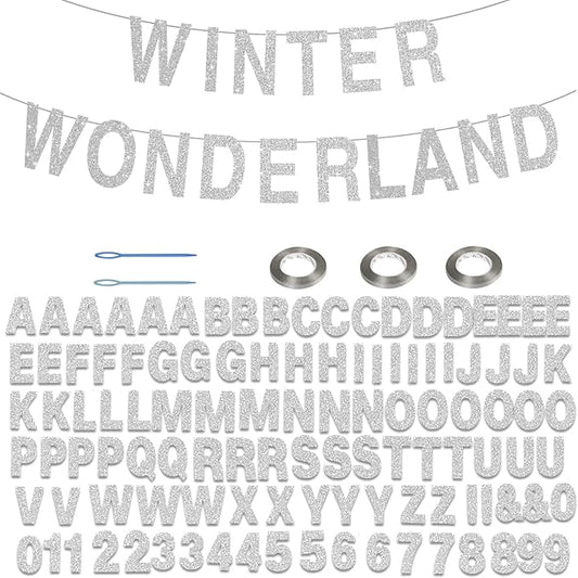 116 Pcs DIY Glitter Custom Banner Kit - Customize with 111 Letters and Numbers, 3 Rope, 2 Threading Devices for Personalized Winter Wonderland Birthday Decor (Silvery)
