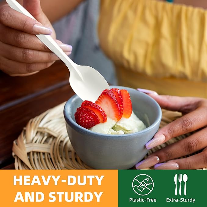 100% Compostable Cutlery Set, Disposable Cornstarch Utensils Heavy Duty BPI Certified Eco-Friendly Party Supplies No Plastic-300pcs (150 Forks,100 Spoons,50 Knives)