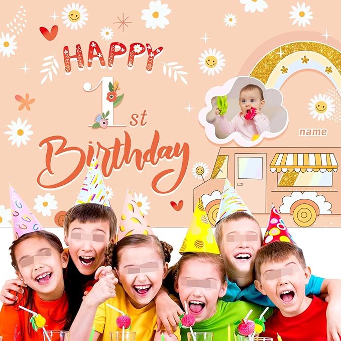 Dicodes Custom Groovy Hippie Happy Birthday Backdrop Retro Boho Girls Birthday Background Hippie Theme Daisy Floral Kids Happy Birthday Newborn Baby Party Decor Banner