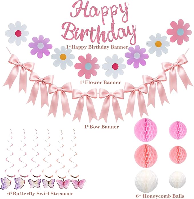 Pink Birthday Decorations Kit Happy Birthday Banner with Honeycomb Ball Butterfly Hanging Swirl Streamer Flower Garland Pink Bow Garland Banner Decoration for Women Men Boys Girls
