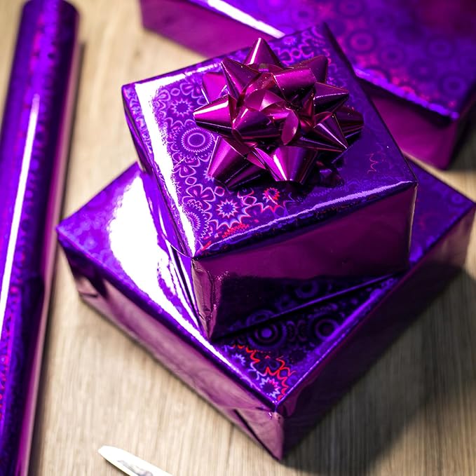 Burymento Purple Wrapping Paper Roll, Metallic Holographic Bohemia Gift Wrap for Birthday, Valentines, Mothers day, Graduation, Wedding, Fathers day, Baby Shower, Christmas (17 IN x 32.8 FT)