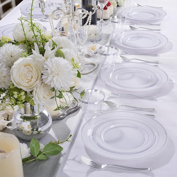 WELLIFE 300 PCS Silver Dinnerware Set for 50 Guests, Silver Plastic Disposable Plates for Party, 50 Dinner Plates, 50 Salad Plates, 50 Cups Forks Knives Spoons for Wedding and Party Anniversary