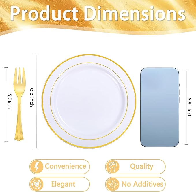 WELLIFE 60 PCS Gold Plastic Dessert Plates and 60 PCS Forks, 6.3 inch Disposable Salad Plates, Premium White Appetizer Plates with Gold Rims, Perfect for Party and Wedding