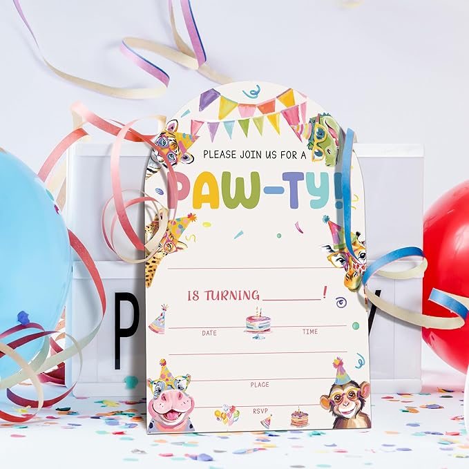 Jungle Animals Birthday Party Invitations, Animals Paw-Ty Invitations with Envelopes, 20 Fill-In Birthday Party invites for Boy Girl, Party Decorations Supplies (arch)