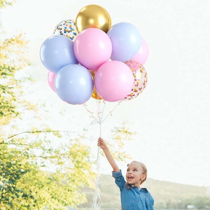 JOBKOO Pink Blue Gender Reveal Balloon Set (60pcs), Metallic Gold Balloons, Confetti Balloons, Baby Blue Balloons for Kids Birthday Party Decorations