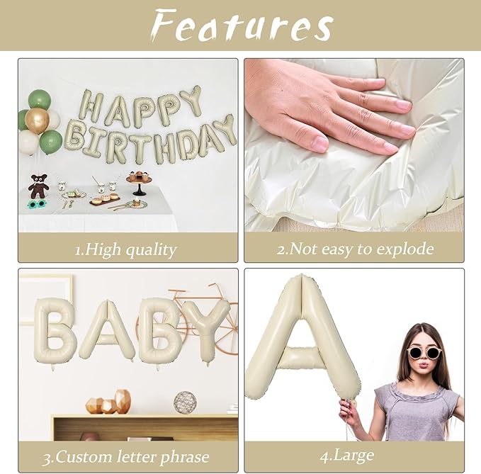 Biapian 40 Inch Letter C Balloons, Giant Cream C Foil Balloon, Big Single Alphabet A-Z Balloons, Beige Large Aluminum C Balloons Helium for Birthday, Baby Shower, Wedding, Anniversary Party Decoration