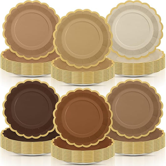 96 Pcs Brown Paper Plates 9 Inch Gradient Brown Scalloped Paper Disposable Dinner Dessert Plates for Birthday Wedding Bridal Party Supplies, 6 Colors
