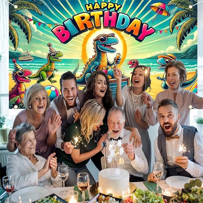 Tropical Happy Birthday Party Banner 71x43 Inch, Fun Design with Colorful Balloons and Palm Trees, Perfect for Summer Parties and Outdoor Photo Backdrops