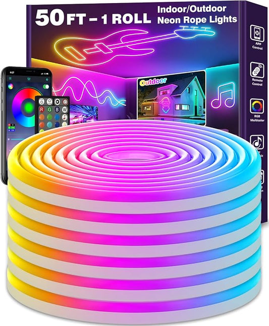 LETIANPAI Neon Rope Lights,Flexible Led Rope Lights Control with App/Remote,Multiple Modes Rope Lights,IP65 Outdoor RGB Led Neon Lights Waterproof,Music Sync Gaming Led Light Strip (50FT)