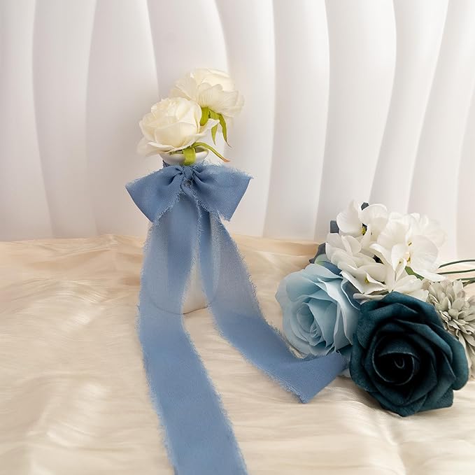 Chiffon Ribbon, Dusty Blue Silk 1.5''x21Yd Handmade Frayed Fringe Ribbons for Wrapping, DIY Bows, Invitations, Bridal Bouquets, Crafts, Birthday, Wedding, Engagement, Party Decoration, 3 Rolls