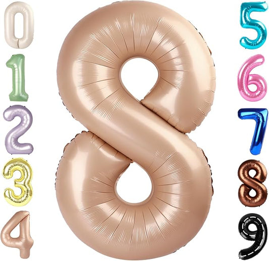40 Inch Number 8 Balloon, Light Brown 8 18 28 80 Birthday Balloons for Men Boys, 8th Birthday Decorations Party Supplies, Wedding, Graduations