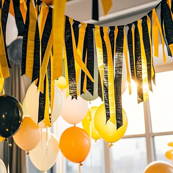 Yellow and Black Crepe Paper 6 Pcs Streamers for Party Decorations, Birthday Wedding DIY Crafts, Gift Wrapping Supplies